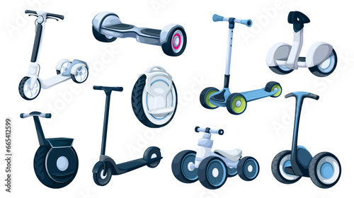 Electric personal city transport set vector illustration. Cartoon isolated smart eco friendly urban vehicles with battery collection, hoverboard and segway, modern gyroscooter and electric unicycle