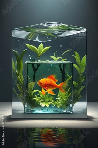 Goldfish in a glass aquarium with green plants. 3d rendering.