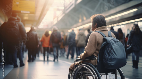 A person with a disability independently navigating a crowded subway platform photo