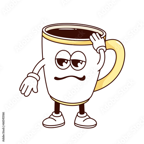 Groovy coffee cup character vector illustration. Cartoon isolated retro sleepy exhausted mascot with hot morning espresso, coffee for breakfast with arms and legs, tired comic expression on funny face