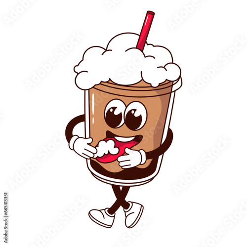 Groovy coffee cup character vector illustration. Cartoon isolated retro sticker of happy transparent takeaway mug with cold coffee and straw, milkshake or chocolate drink with arms and legs walking