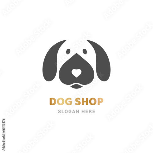Dog face logo in the shape of a heart. Creative illustration for marketplaces, dog shop, care services, veterinary medicine, pet products. Isolated on white background. Vector.