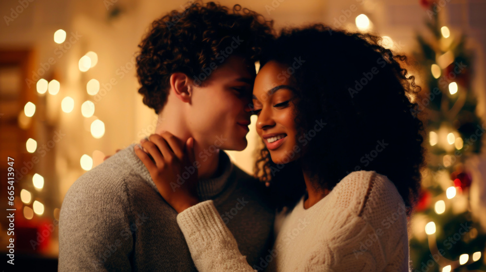 Happy young interracial married couple at christmas celebration. Christmas tree with a luminous garland in the background. Ai generated - obrazy, fototapety, plakaty 