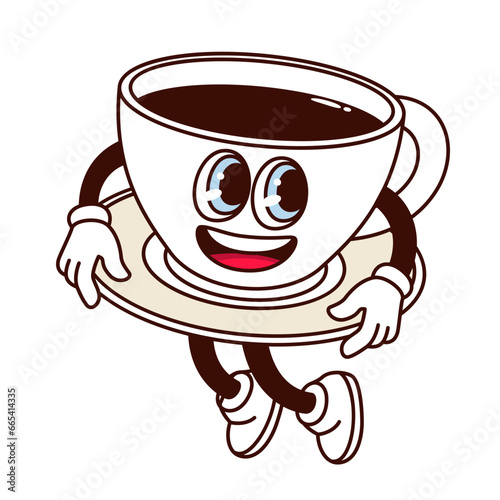 Groovy coffee cup character vector illustration. Cartoon isolated retro funny sticker of cute cup mascot holding saucer to dance, walking glass mug emoji with smile on happy face, arms and legs