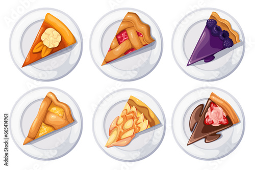 Sweet pies set, top view vector illustration. Cartoon isolated overhead bakery collection with different pieces of pies on round plates, portions of fruit tart with cream, berry jam or chocolate
