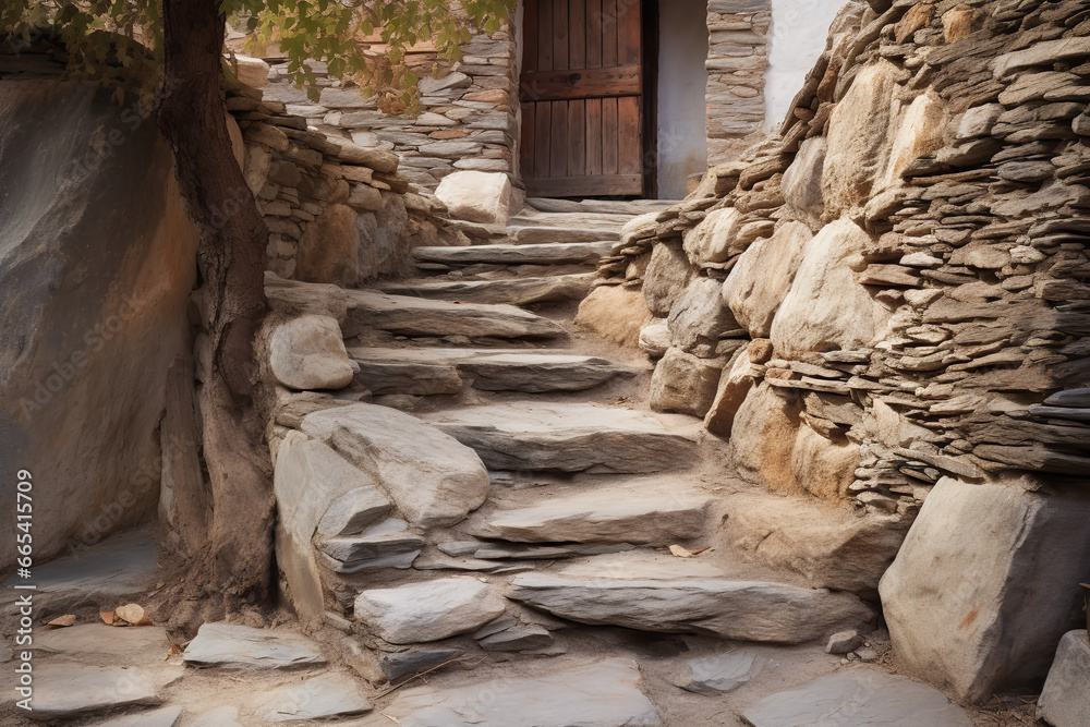an old stone staircase leading to a house in alpine mountain travieso, in the style of authentic expressions, distressed surfaces, villagecore, cottagepunk, an old stone staircase leading to a house in alpine mountain travieso, in the style of authentic expressions, distressed surfaces, villagecore, cottagepunk,