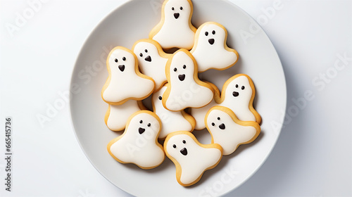 Top Down Photograph  Halloween Ghost Cookies Isolated on a White Background  Generative AI