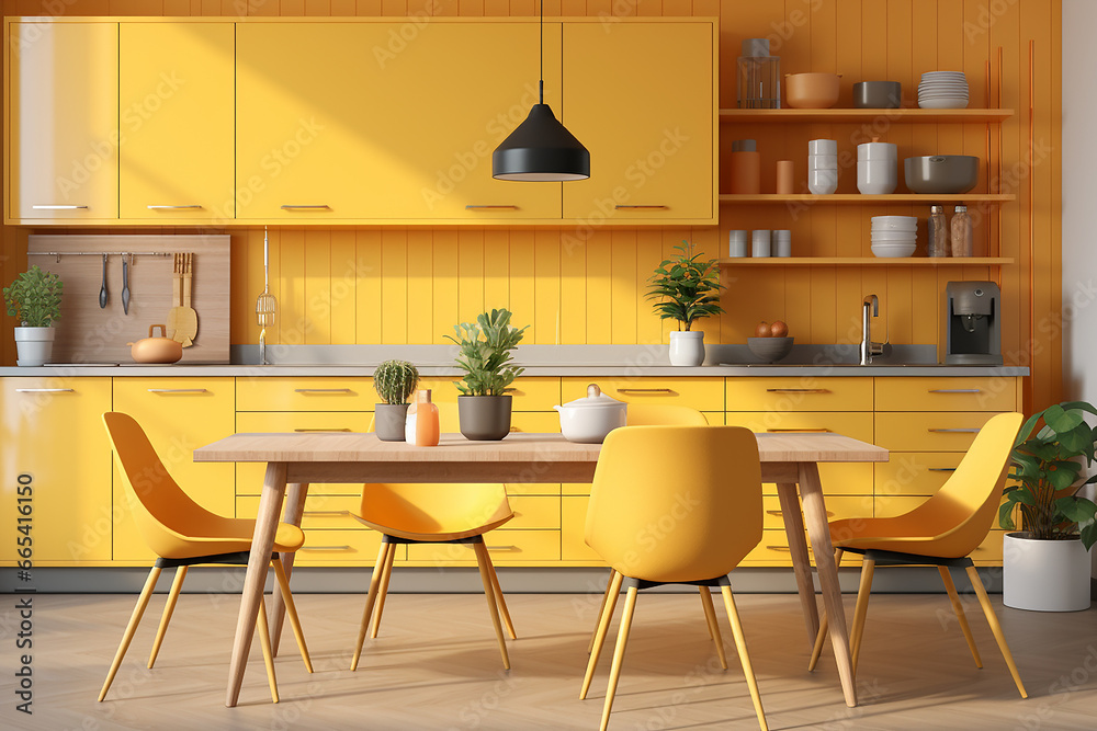 interior of a yellow, light, cozy kitchen. modern renovation. Dining room in a minimalist style.