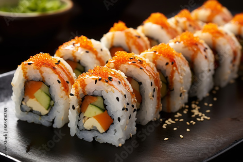 shot of close-up of a dish of vegetarian sushi rolls