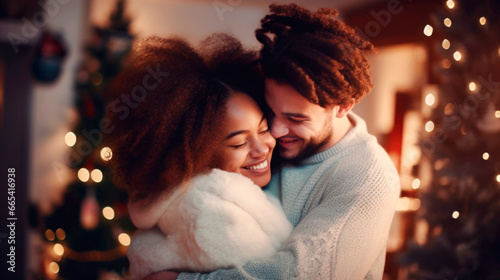 Happy young interracial married couple at christmas celebration. Christmas tree with a luminous garland in the background. Ai generated