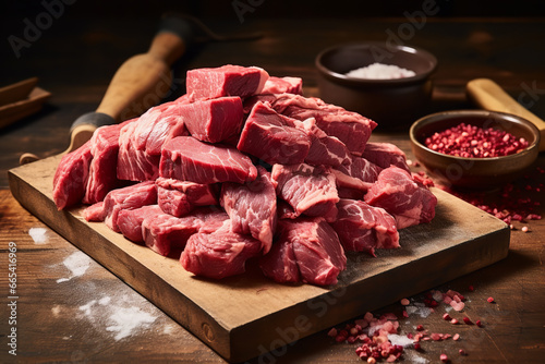 shot of cuts of halal beef on a butchers block