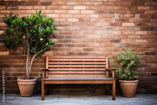 Shot of inviting wooden bench rested against a brick garden wall 