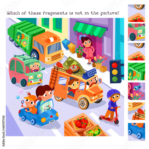 Cute cars and drivers in city. Find hidden fragments. Educational puzzle game for kids.  Cartoon funny characters. People and transport, traffic jam in town. Vector illustration for children. 