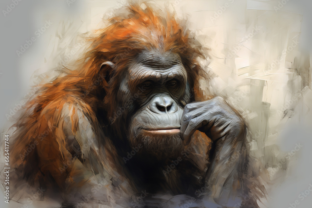 the beautiful african orangutan, in the style of melancholic symbolism, foreshortening techniques