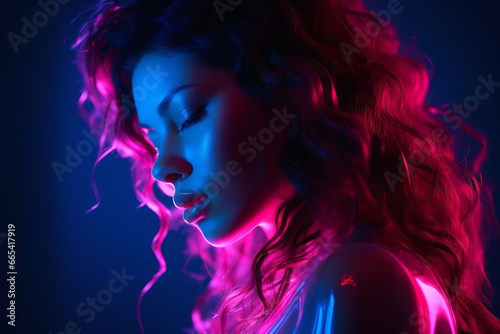 the portrait of a girl in neon lighting  in the style of dark pink and light azure  intense color palette