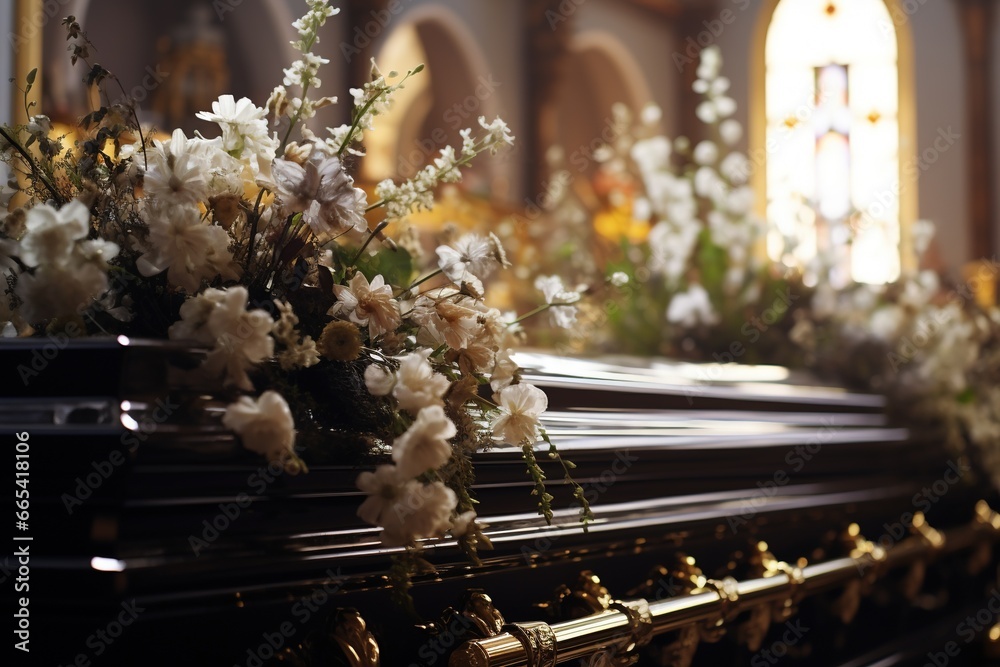 closeup shot of a casket in a hearse or chapel before funeral or burial at cemetery - obrazy, fototapety, plakaty 