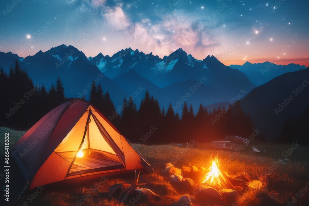 a tent with a campfire outside in the mountains on a beautiful night with constellations in the sky