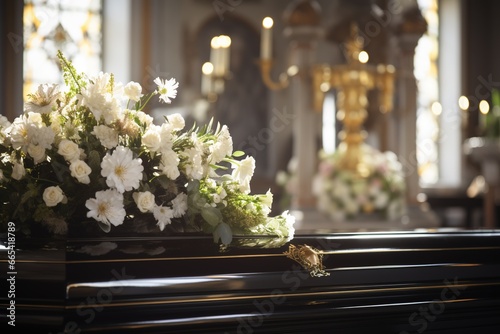 closeup shot of a casket in a hearse or chapel before funeral or burial at cemetery