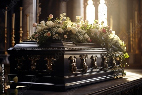 closeup shot of a casket in a hearse or chapel before funeral or burial at cemetery photo