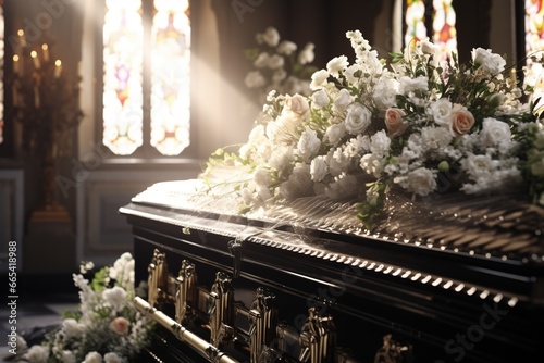 closeup shot of a casket in a hearse or chapel before funeral or burial at cemetery