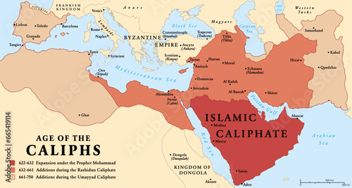 The age of the Caliphs, history map of the Islamic Caliphate from 622 to 750. The expansion under the Prophet Mohammad, with additions during the Rashidun Caliphate and the Umayyad Caliphate. Vector. photo