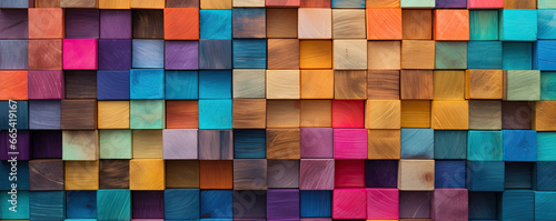 Colored wooden cubes wall. Abstract geometric rainbow blocks. wide banner