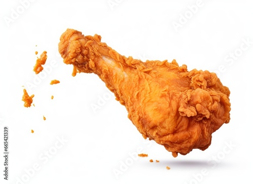 Fried chicken leg falling in the air isolated on a white background.