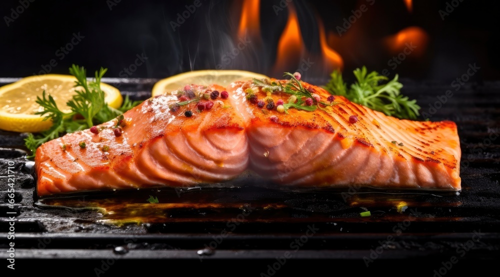 Gourmet cutlet of fresh salmon seasoned with herbs, spices, and lemon zest grilling on a griddle. Gourmet cutlet of fresh salmon seasoned with herbs, spices, and lemon zest grilling on a griddle.