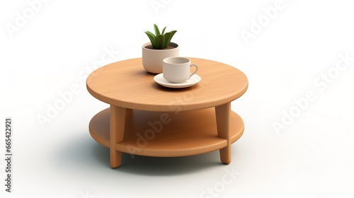 3d render illustration of white wooden side table with plants and cups isolated on white background