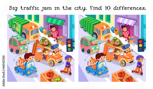Cute cars and drivers in city. Find differences. Educational puzzle game for kids.  Cartoon funny characters. People and transport, traffic jam in town. Vector illustration for children. 