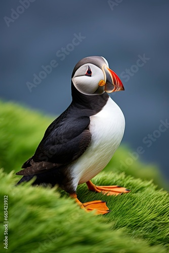 Puffin bird on a green grass patch.