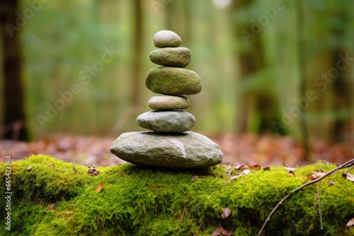 Pyramid stones balance on old mossy fallen tree.