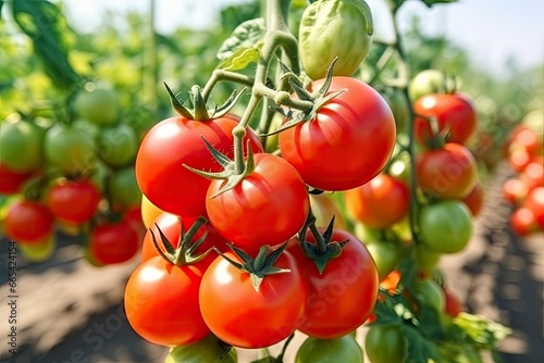 Fresh bunch of red natural tomatoes on a branch in vegetable garden.