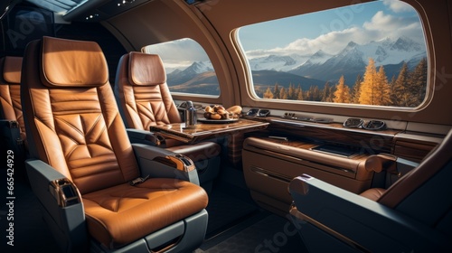 Luxurious interior of a private jet, Premium Business Class Seats for Luxury Air Travel, Posh first class airplane cabin, Exclusive First Class Airplane Seating with Personal Entertainment System © ND STOCK