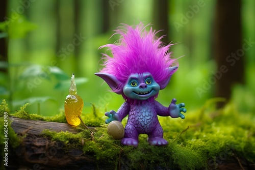 Tale troll with crystals in the forest  natural green background.