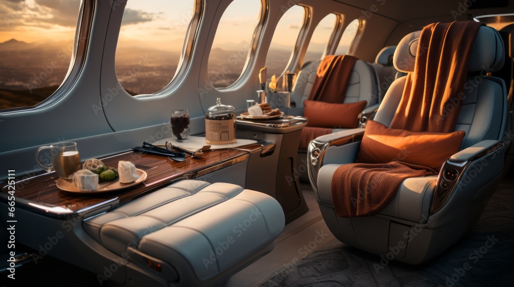 Fototapeta premium Luxurious interior of a private jet, Premium Business Class Seats for Luxury Air Travel, Posh first class airplane cabin, Exclusive First Class Airplane Seating with Personal Entertainment System