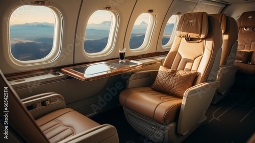 Luxurious interior of a private jet, Premium Business Class Seats for Luxury Air Travel, Posh first class airplane cabin, Exclusive First Class Airplane Seating with Personal Entertainment System © ND STOCK