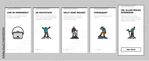 mountain adventure mountaineering onboarding mobile vector. climbing travel, hiking sport, climb climber, extreme nature, outdoor hiker trekking mountain adventure mountaineering Illustrations