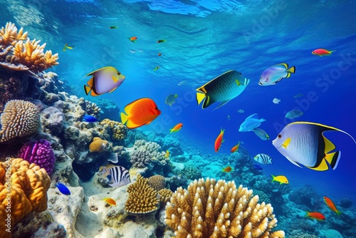 Underwater world with corals and tropical fish. © Hamidakhanom