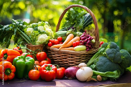Variety of fresh organic vegetables and fruits in the garden.