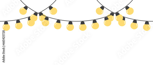 Set of seamless festive yellow Christmas string light border. Flat vector illustration.	