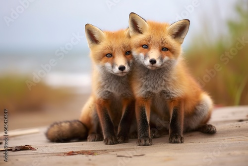 Wild baby red foxes cuddling at the beach. © Hamidakhanom