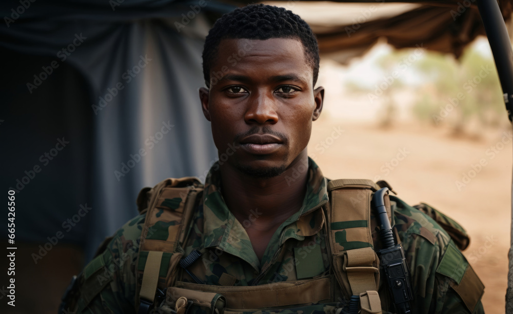 a closeup photo of a black african military soldier with camouflage uniform and equipment
