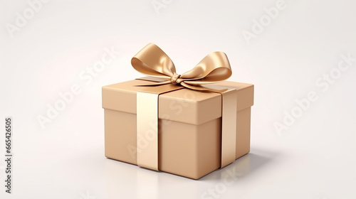 Beige Gift Box with Gold Ribbon isolated on White