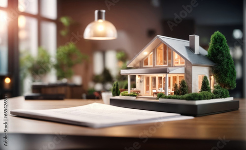 a concept holo 3d render model of a small living house on a table in a real estate agency. signing mortgage contract document and demonstrating. futuristic business. 