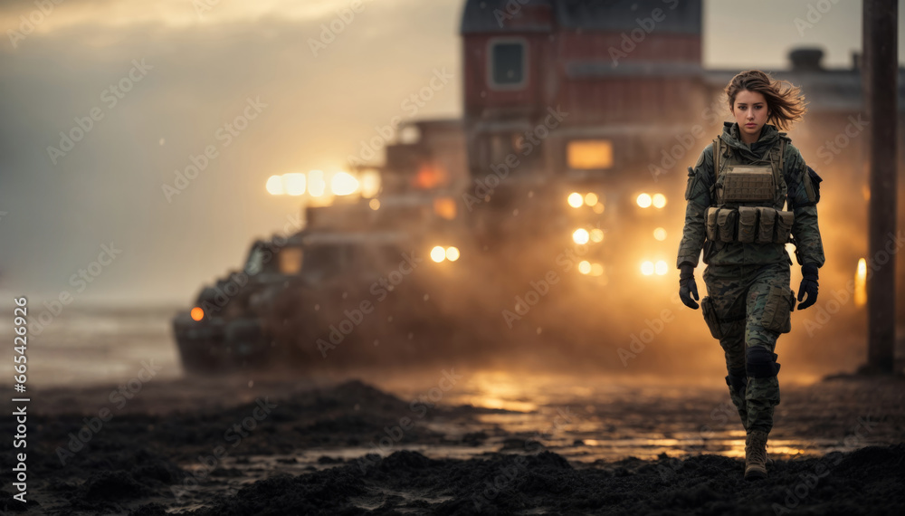 Lone soldier woman walking in destroyed city. war concept