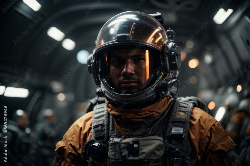 Portrait of young man astronaut in spacesuit against space background. Portrait of young man astronaut in spacesuit against space background.