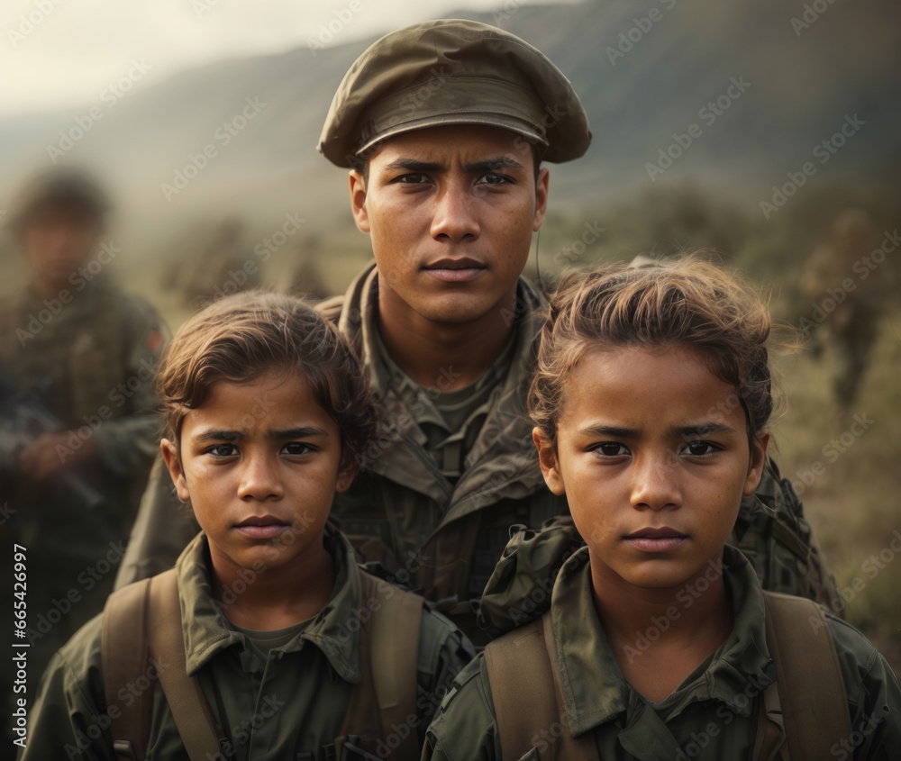 Soldier and children on battlefield. war concept