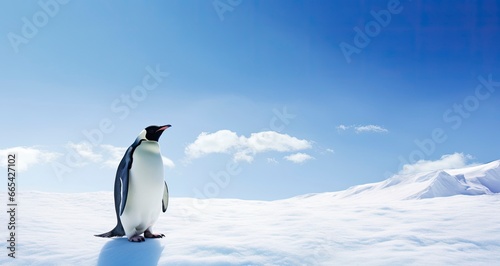 Penguin standing in Antarctica looking into the blue sky.