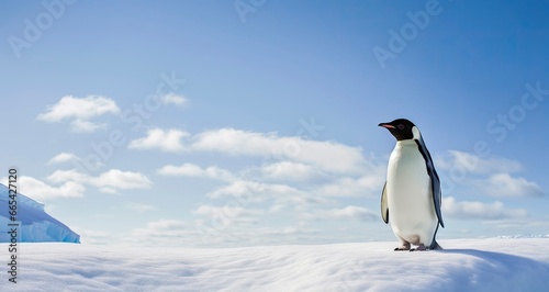 Penguin standing in Antarctica looking into the blue sky.